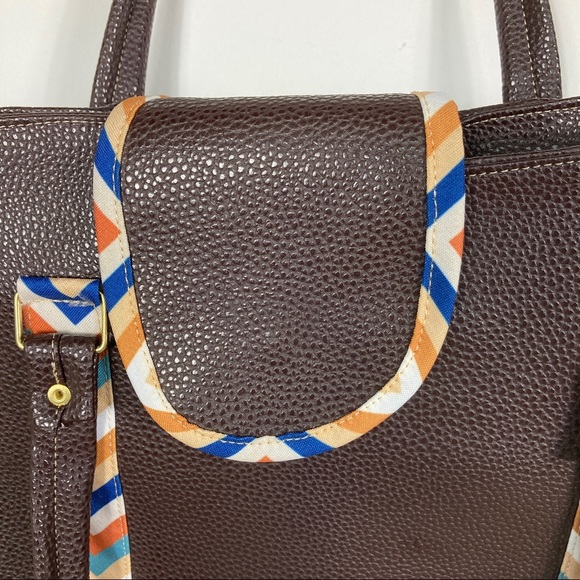Brown Faux Leather Side Tote Purse w/ Colorful Detailing - Picture 4 of 12